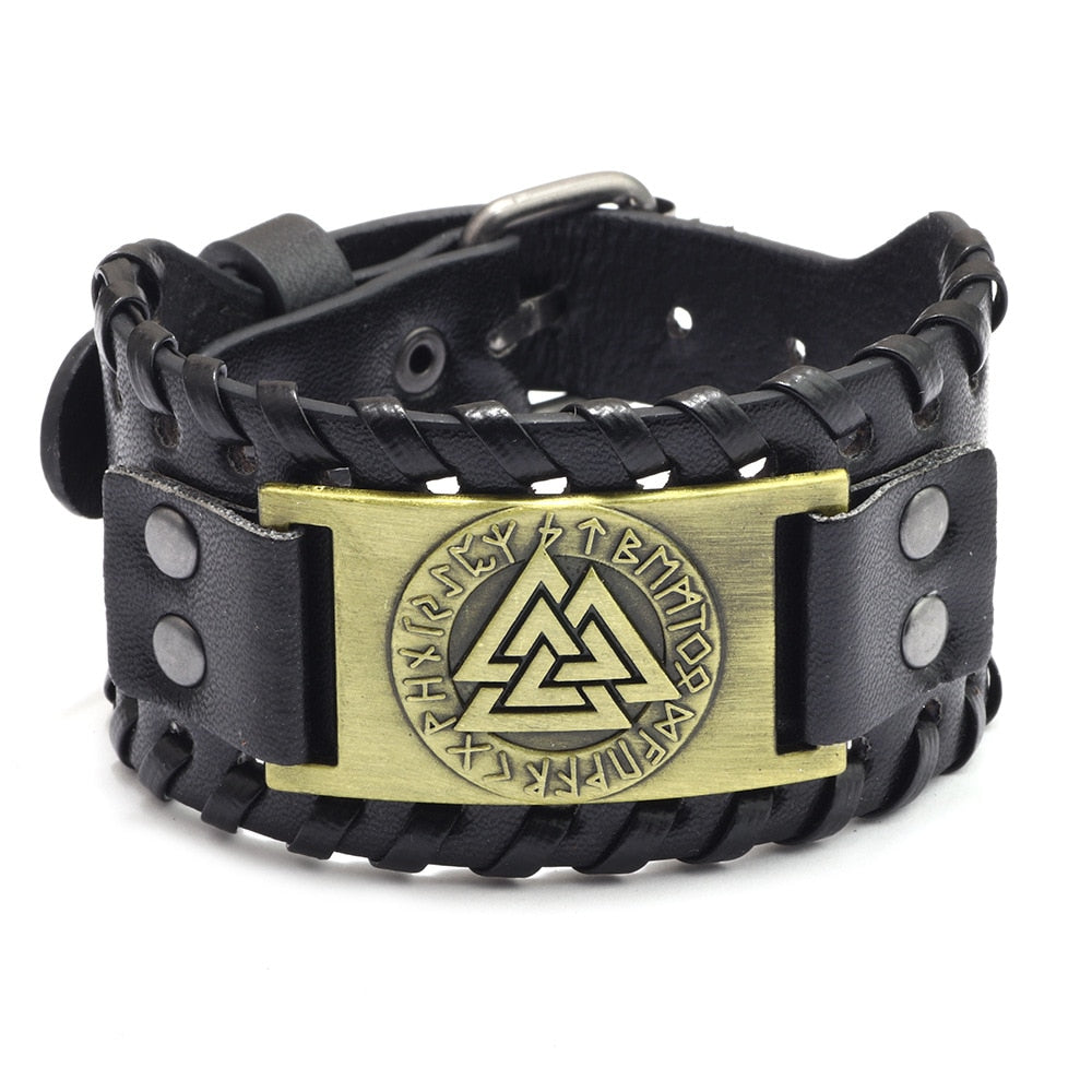 Bracelete de Couro Viking Valknut