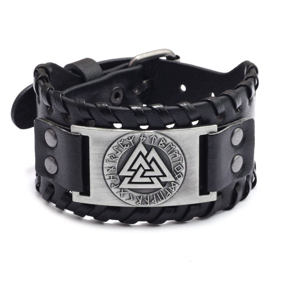 Bracelete de Couro Viking Valknut