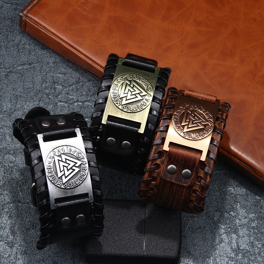 Bracelete de Couro Viking Valknut